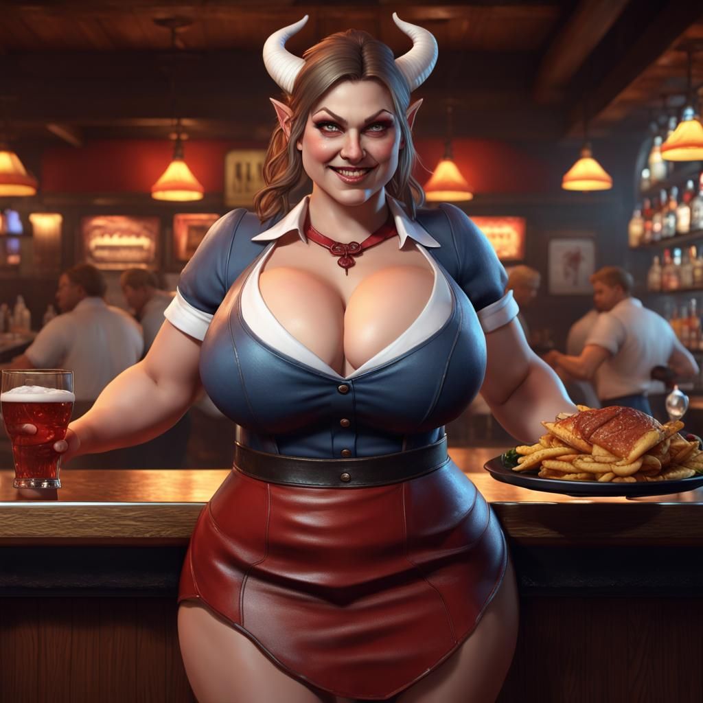 Curvy Demon Waitress in Dark Fantasy Style