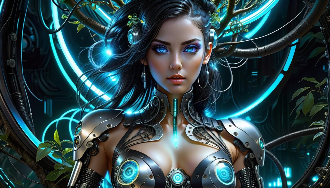 Cyberpunk Woman with Bioluminescent Eyes in Futuristic Setti...