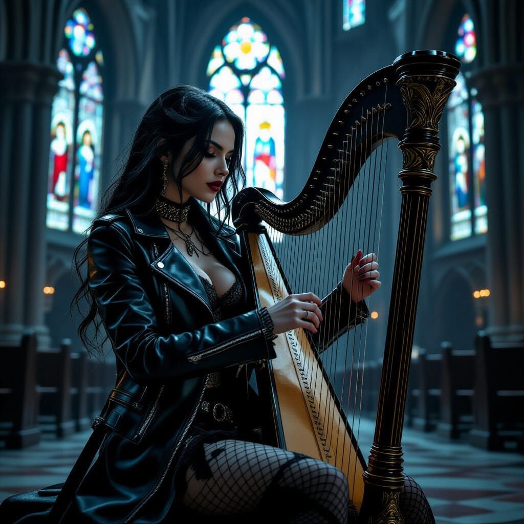 Gothic Woman Plays Harp in Cathedral, Dark Aesthetic
