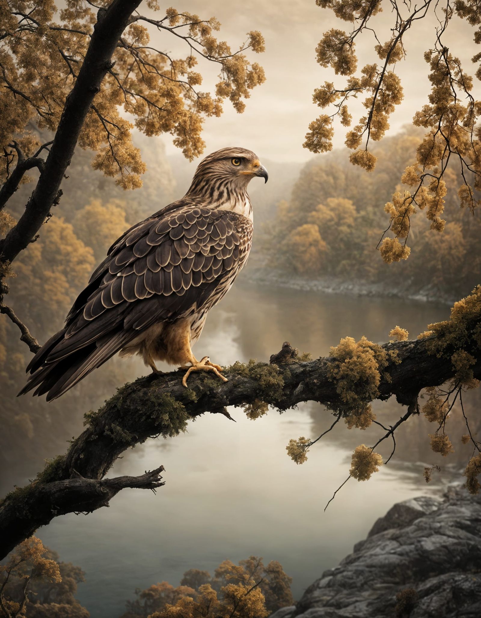 Ethereal Hawk in Surreal Floral Landscape