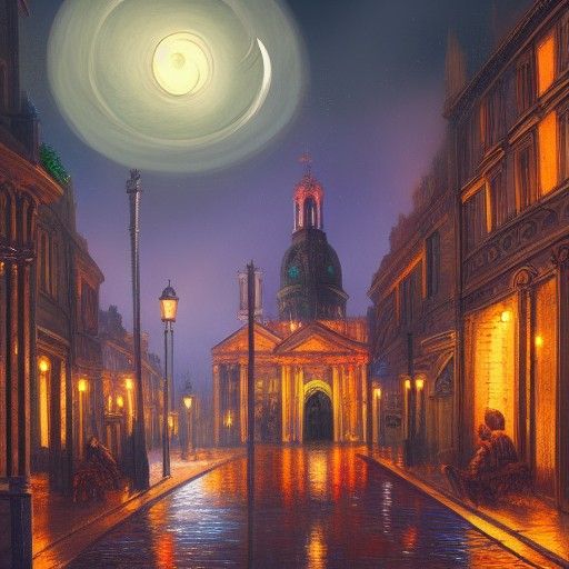 Moonlit Beaux-Arts Cityscape in Rainy French Street