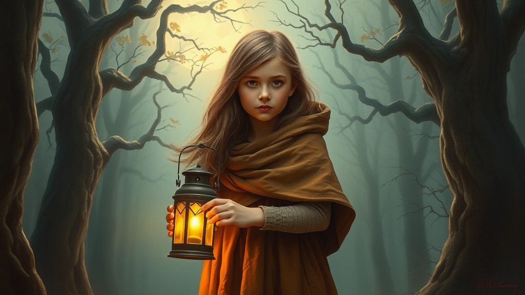 Girl in Misty Forest with Lantern