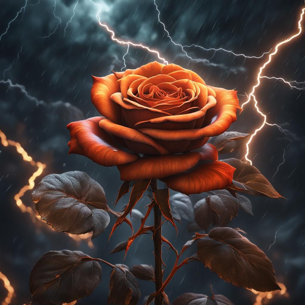 Dark Orange Rose with Lightning, Detailed Digital Art