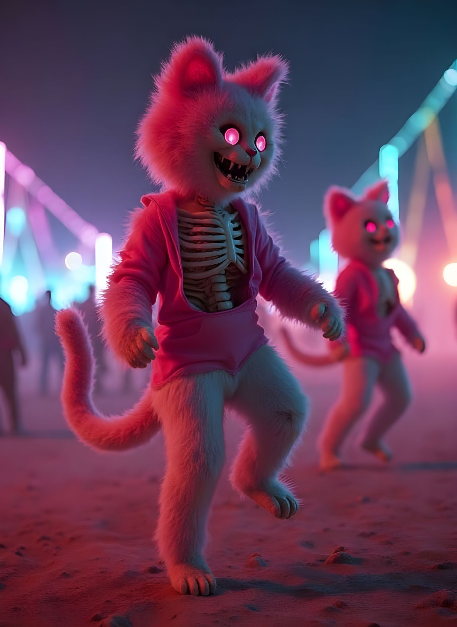 Cat Skeletons Dancing at Burning Man in Zero Gravity