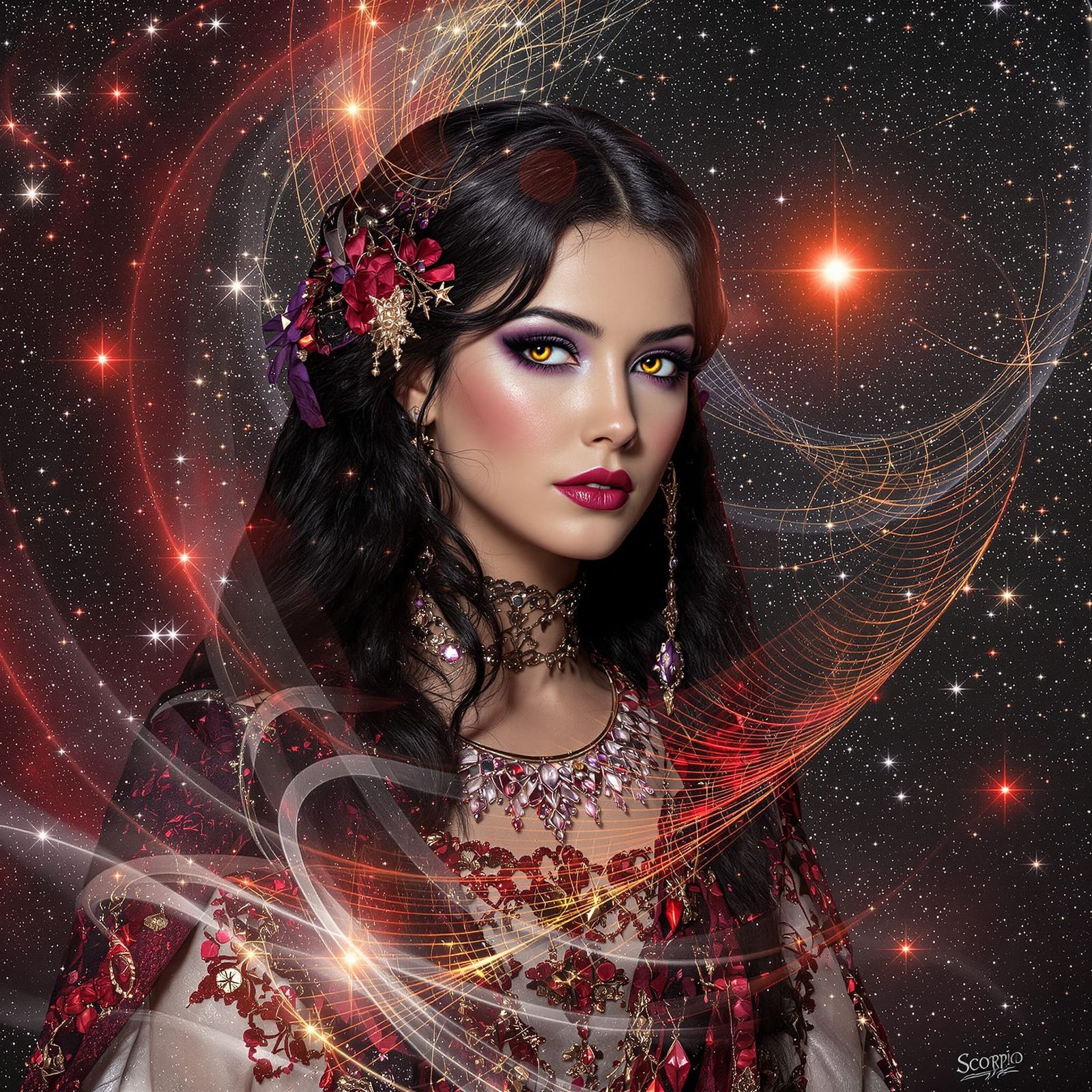 Venus in Crimson Attire with Starry Scorpio Sky