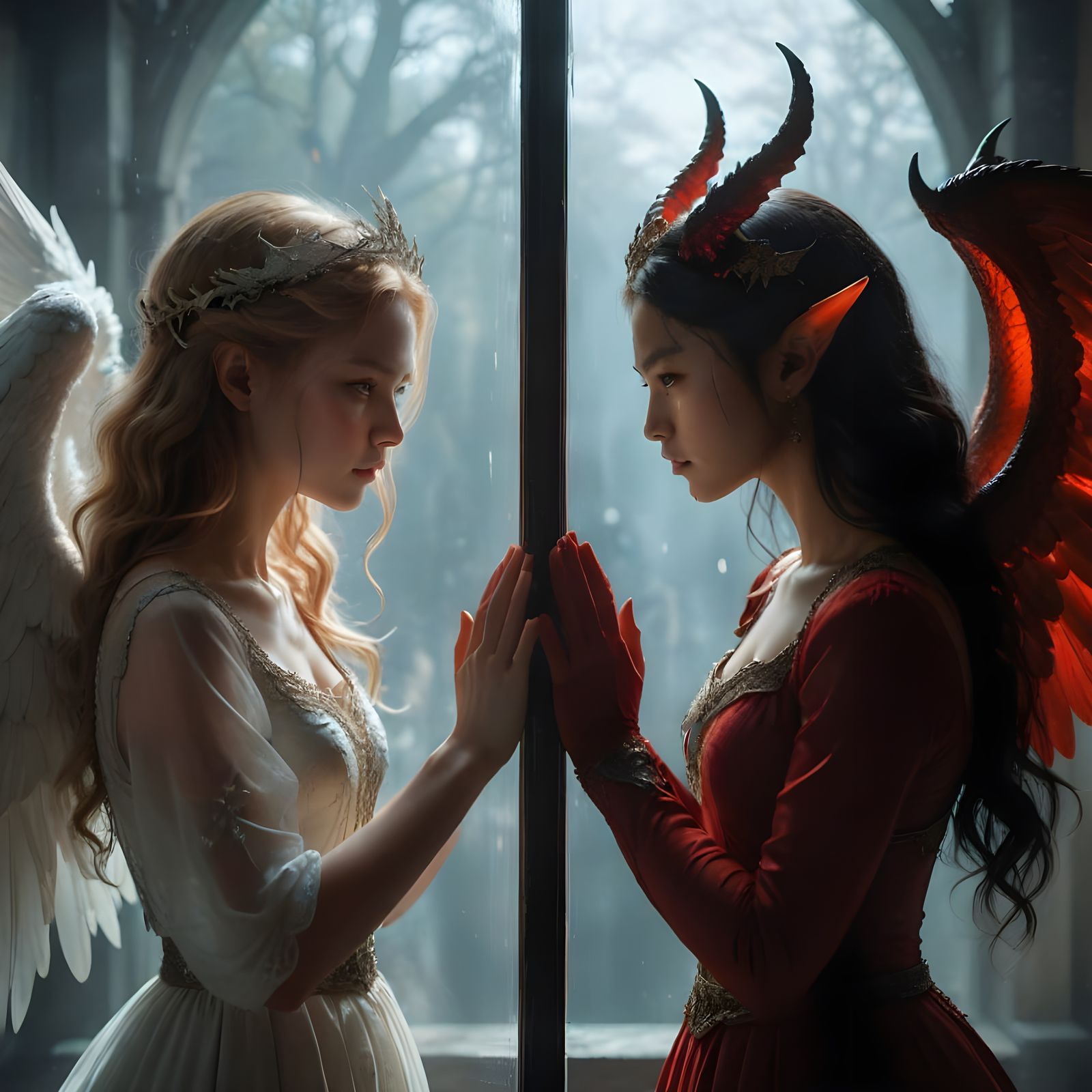 Angel and Demon Girls Longing Through Glass