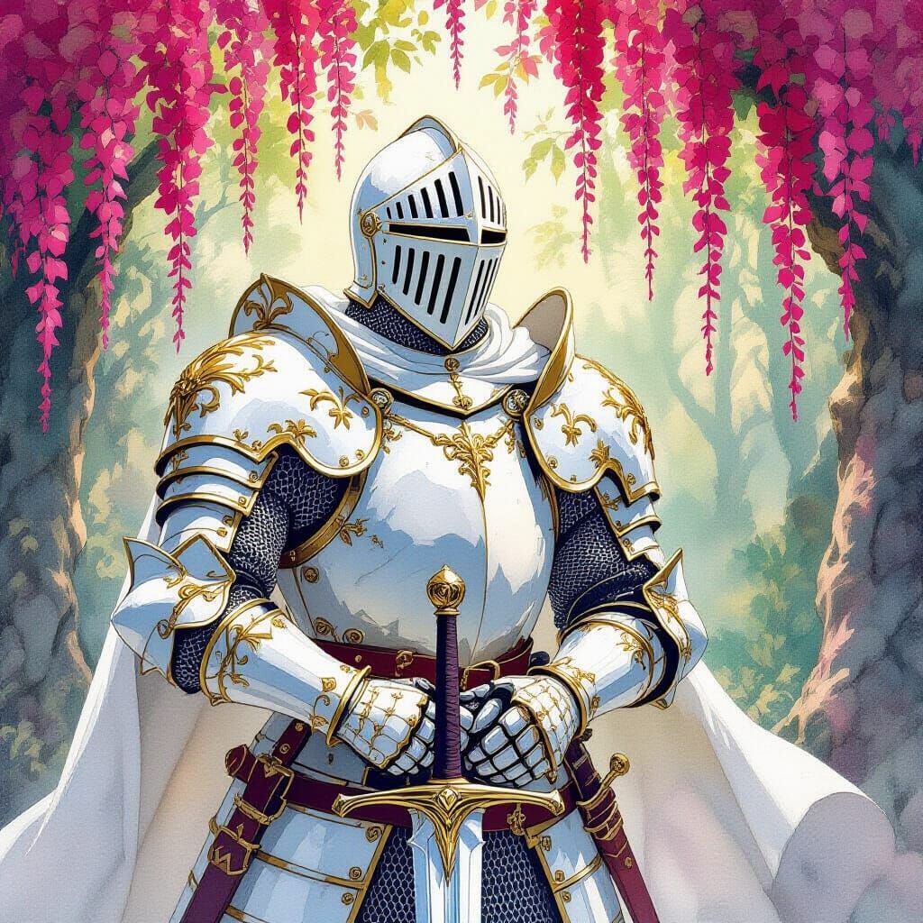 Majestic Gothic Knight in Watercolor Forest