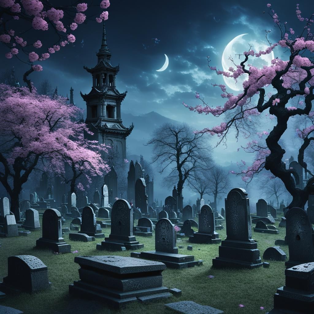 Eerie Cherry Blossom Grove with Spirits, Dark Fantasy Art