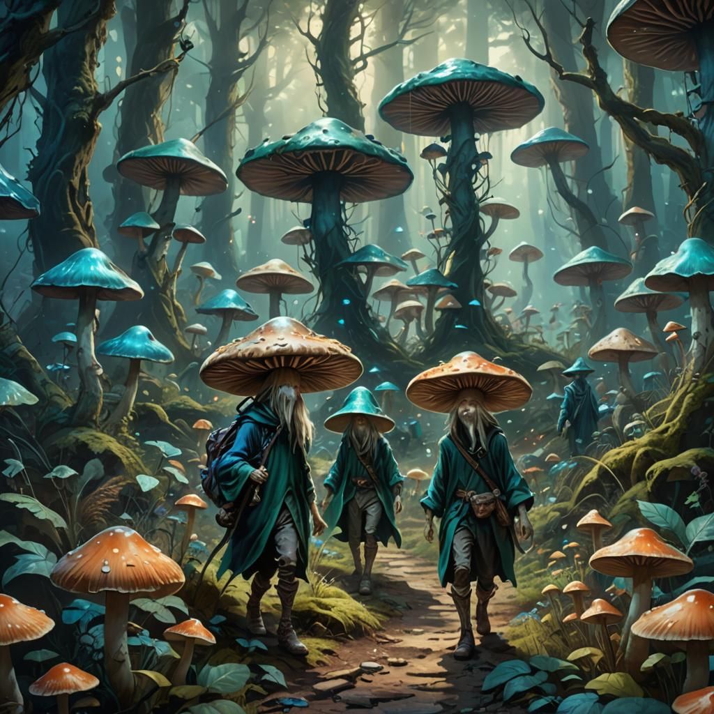 Mushroom People in a Mystical Forest