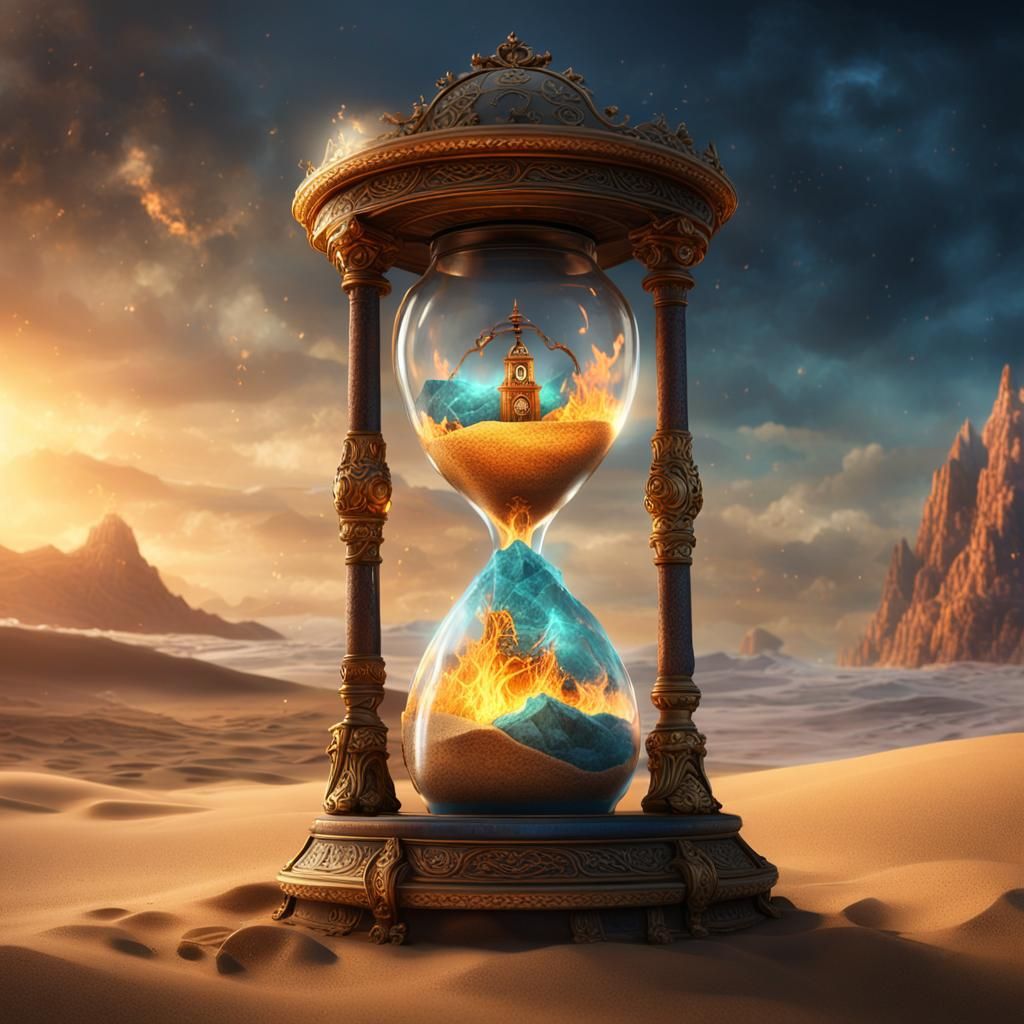 Clock Timeglass with Burning Candle: Detailed Matte Painting