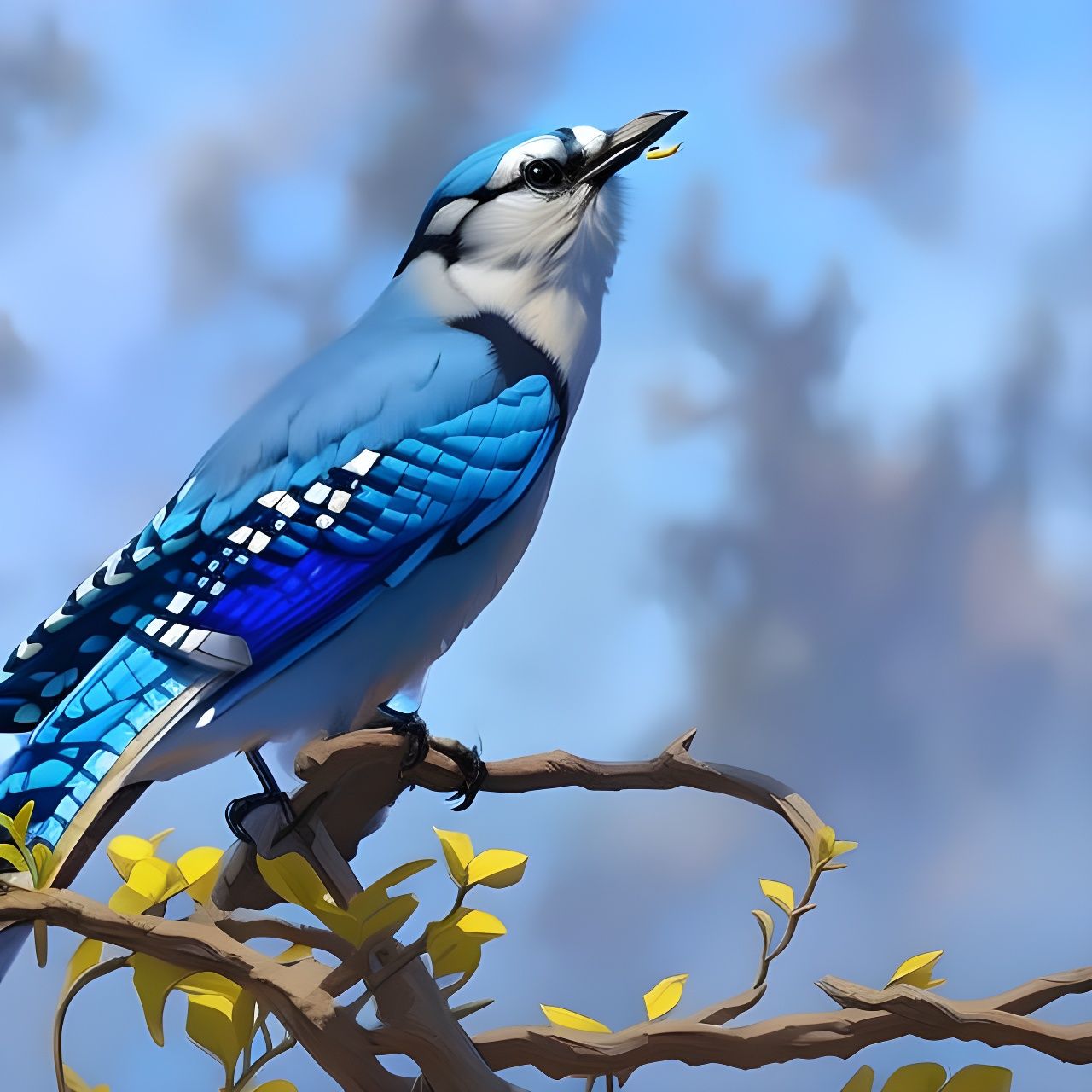Majestic Blue Jay in Gouache Matte Painting