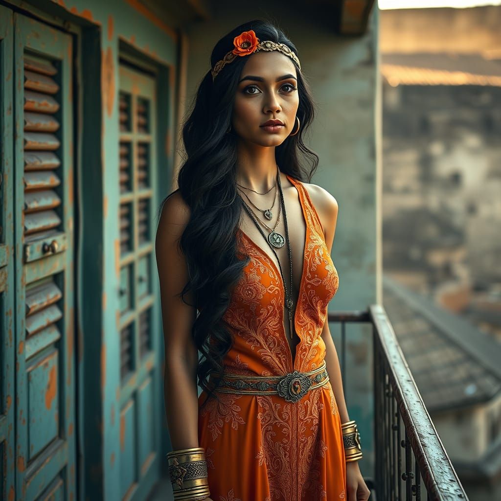 Woman on Weathered Balcony in Dreamy, Painterly Atmosphere