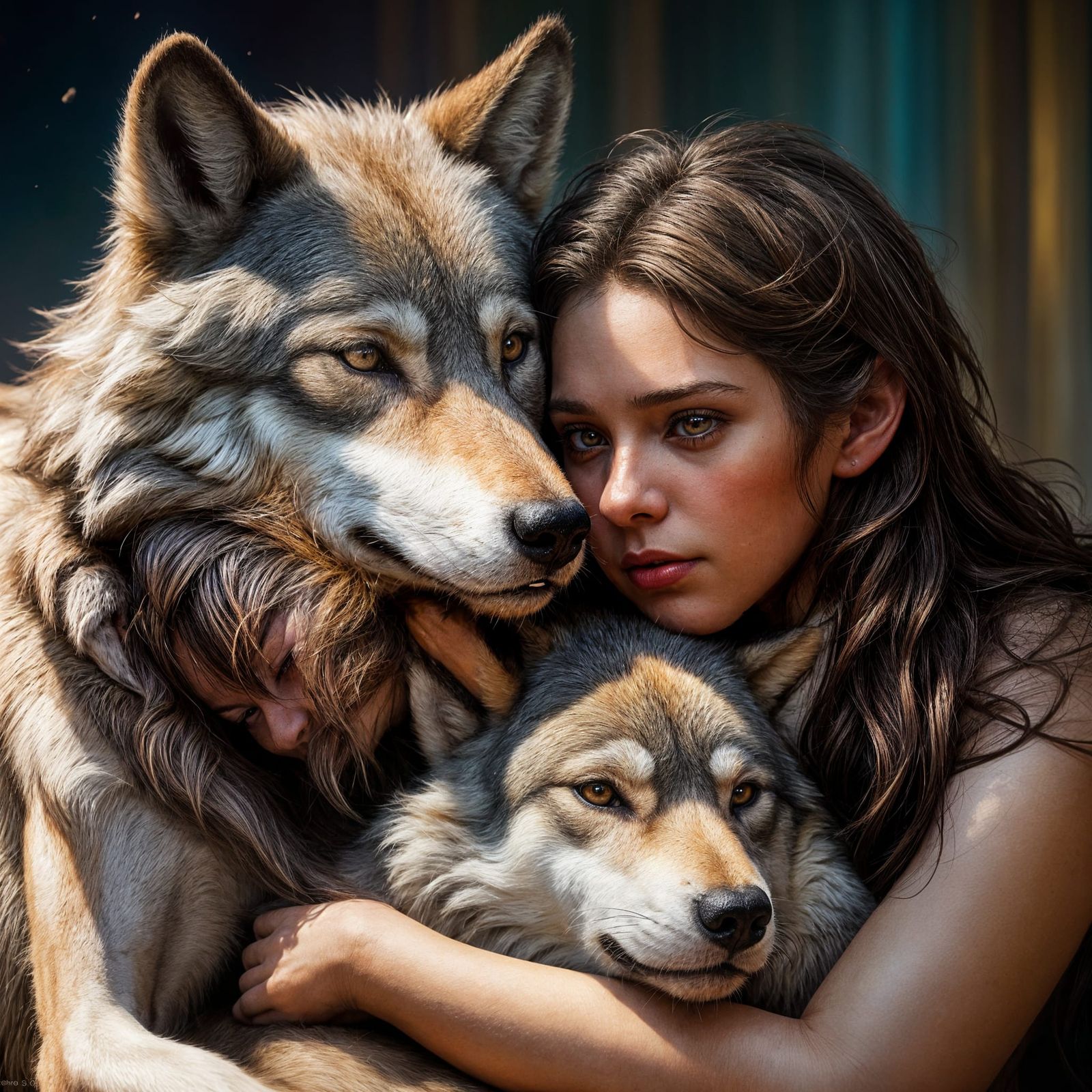 Wolf Mother Protecting Child: Hyperrealistic Concept Art