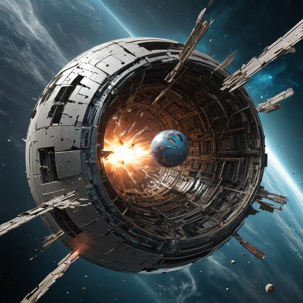 sphere shaped spacecraft, traveling in space getting torn ap...