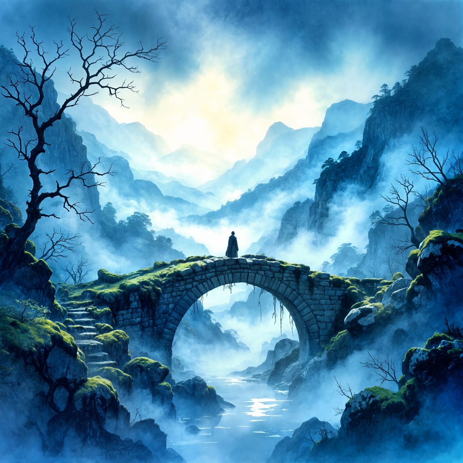 Misty Bridge Over Valley in Twilight Watercolor Style