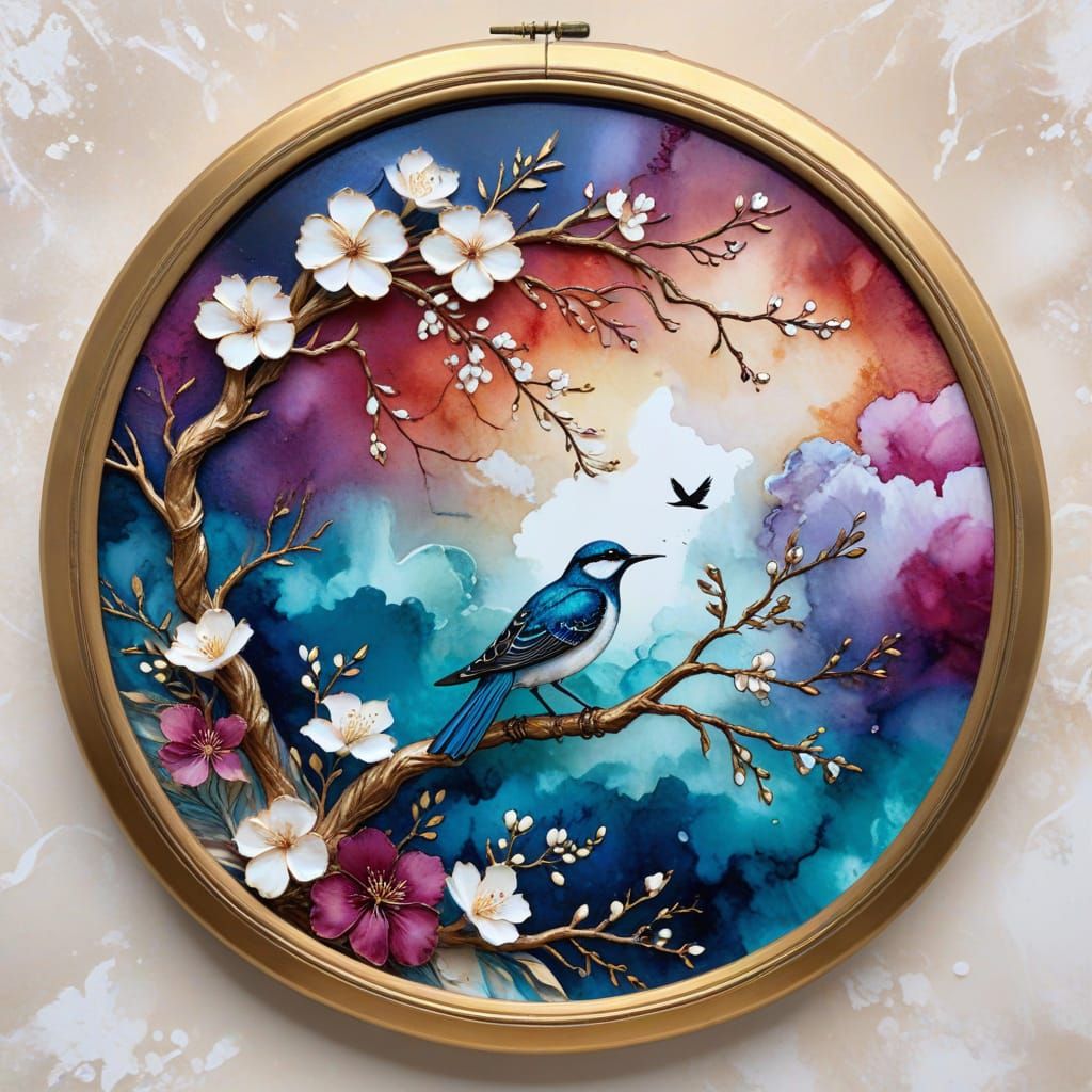 Alcohol Ink Art: Blue, Magenta, and Gold Circular Floral Des...