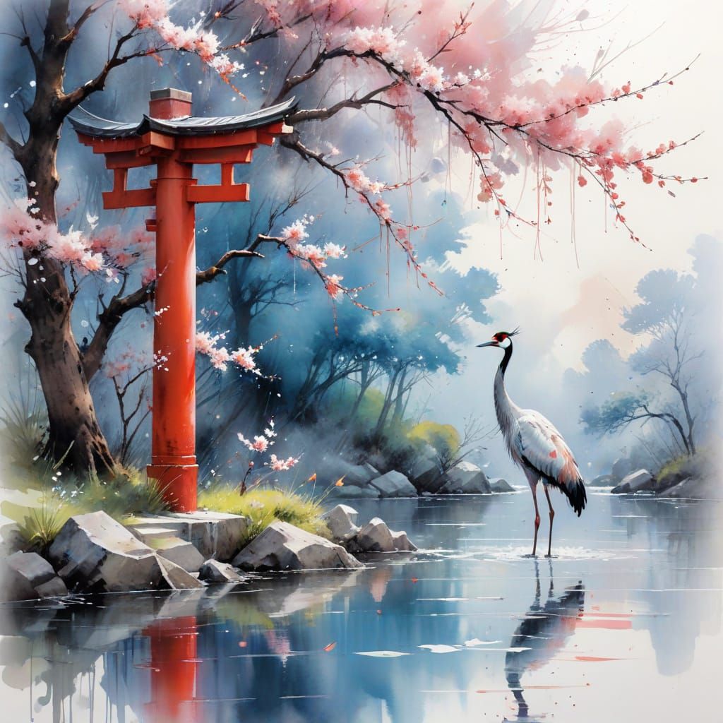 Ethereal Japanese Torii Gate Scene with Cherry Blossoms and ...