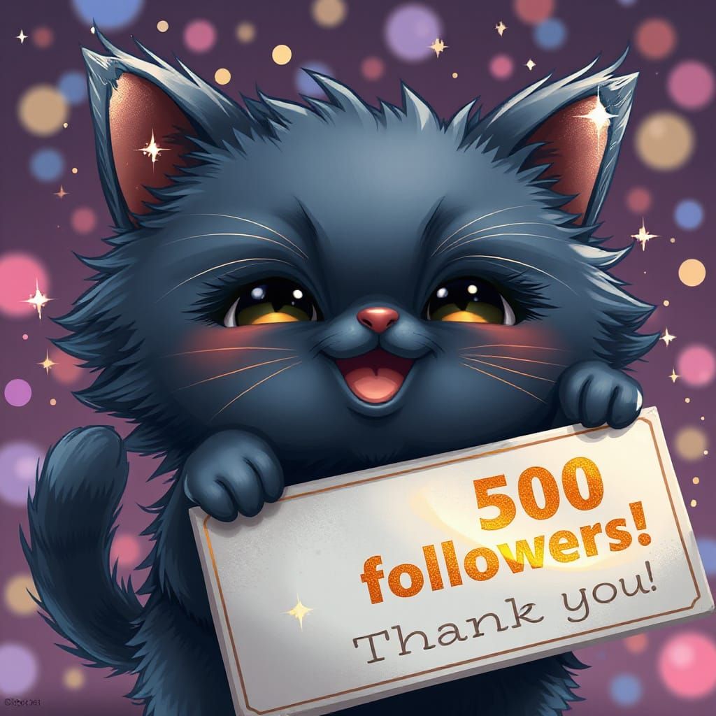 Adorable Chibi Cat Celebrates Followers