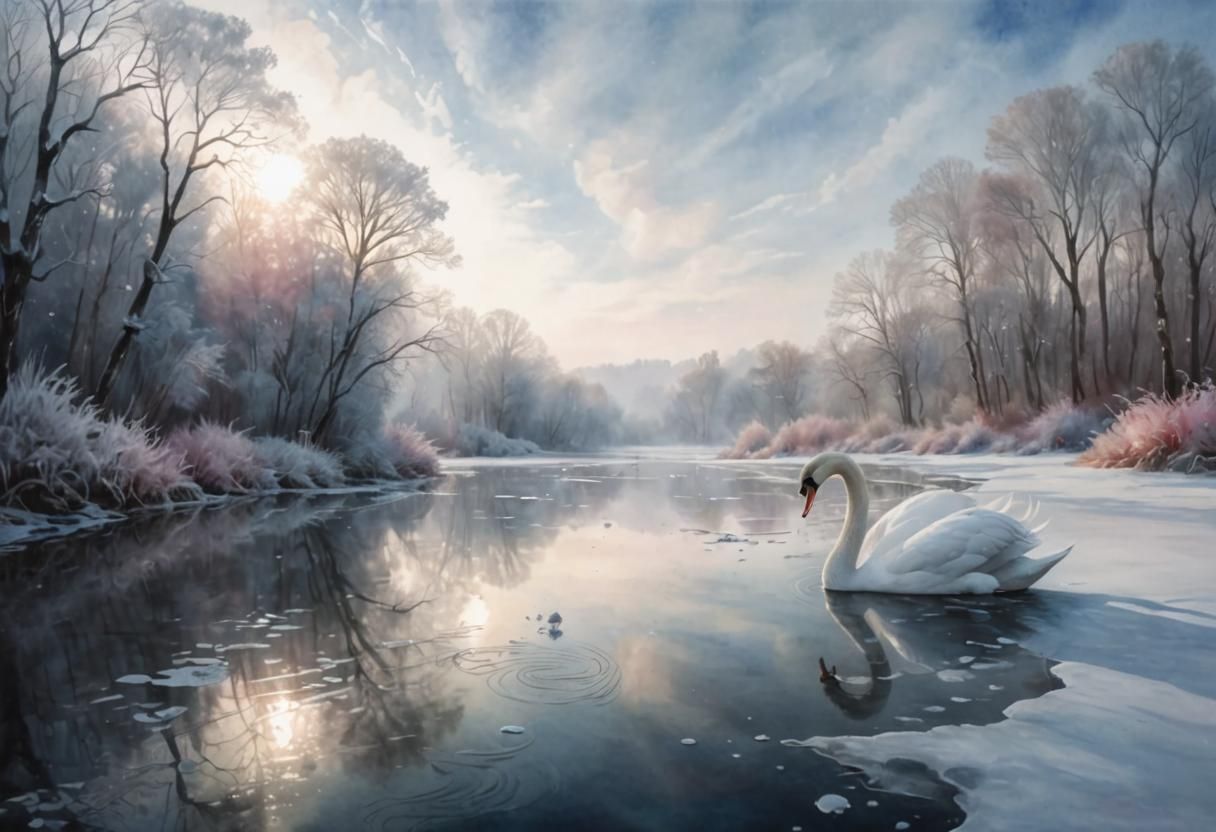 Swans in Misty Landscape: Watercolor and Fractal Art