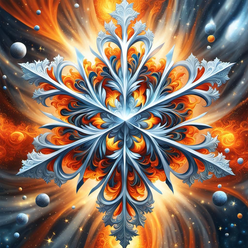 Fiery Snowflake Portrait in Surrealist Style