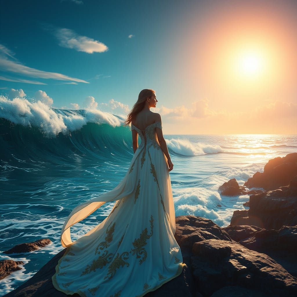 Serene Woman Amidst Vibrant Oceanic Fantasy