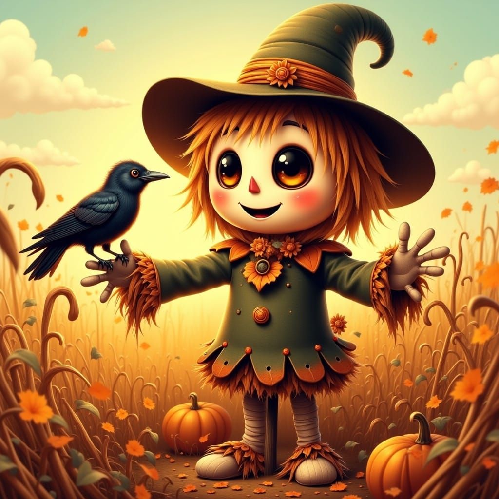 Adorable Scarecrow with Crow in Autumn Field