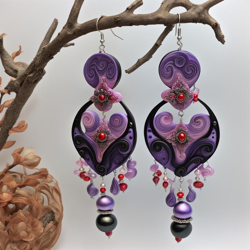 Ornate Polymer Clay Earrings with Metallic Beads