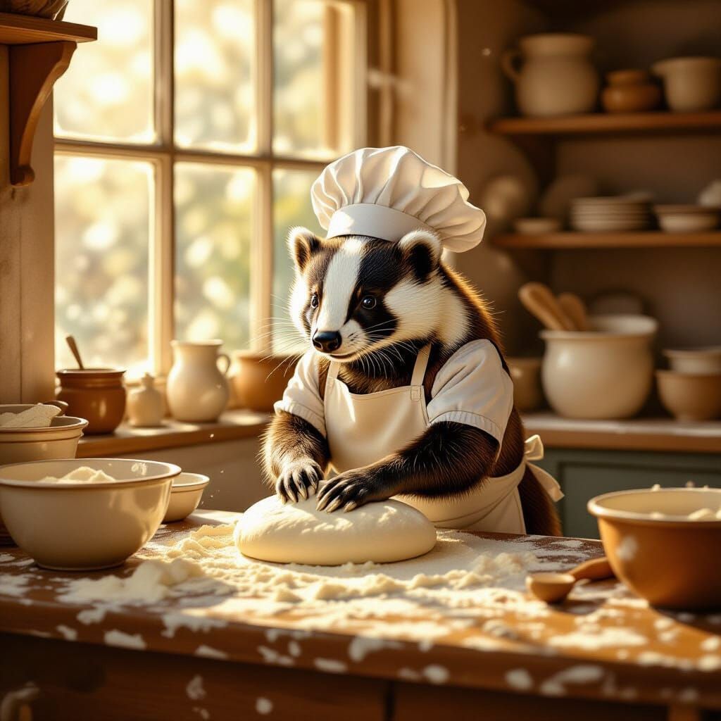 Badger Baker Kneading Dough in Art Nouveau Bakery