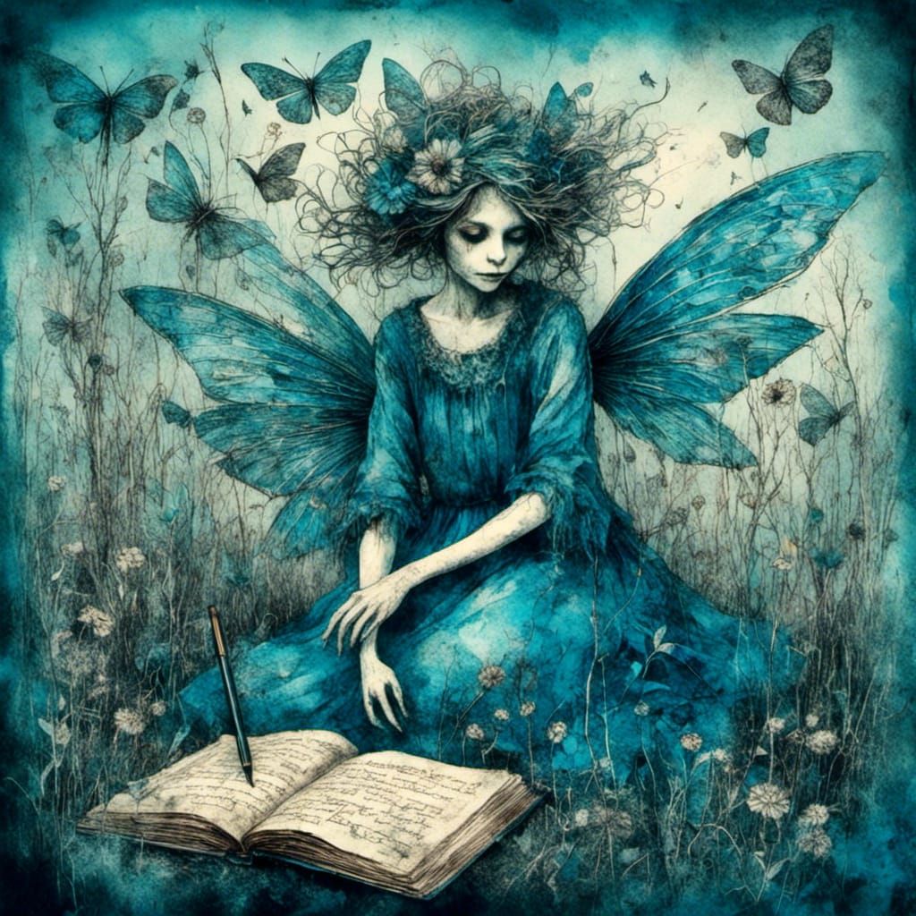Blue Fairies Writing a Human Tale in Zentangle Style