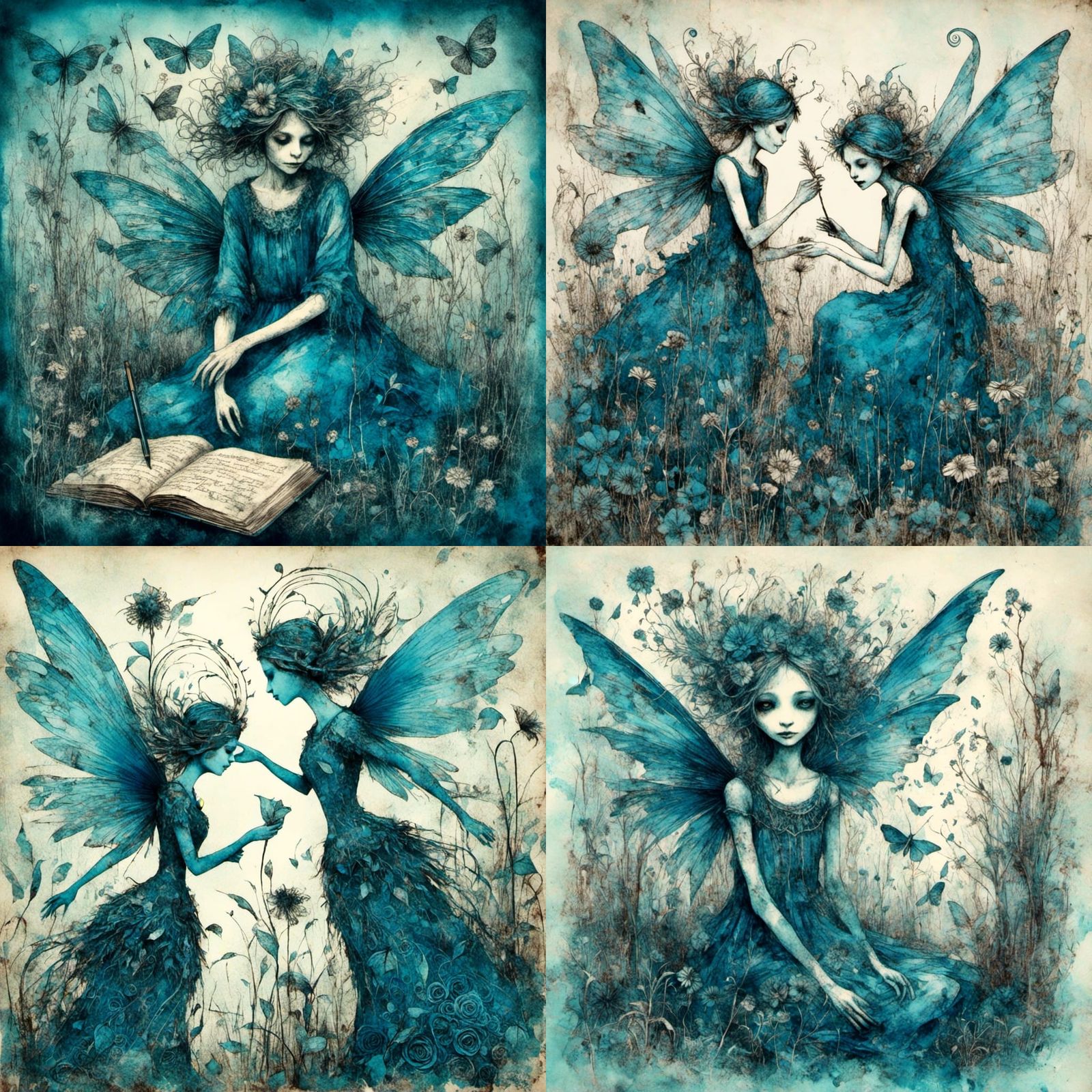 Blue Fairies Writing a Human Tale in Zentangle Style