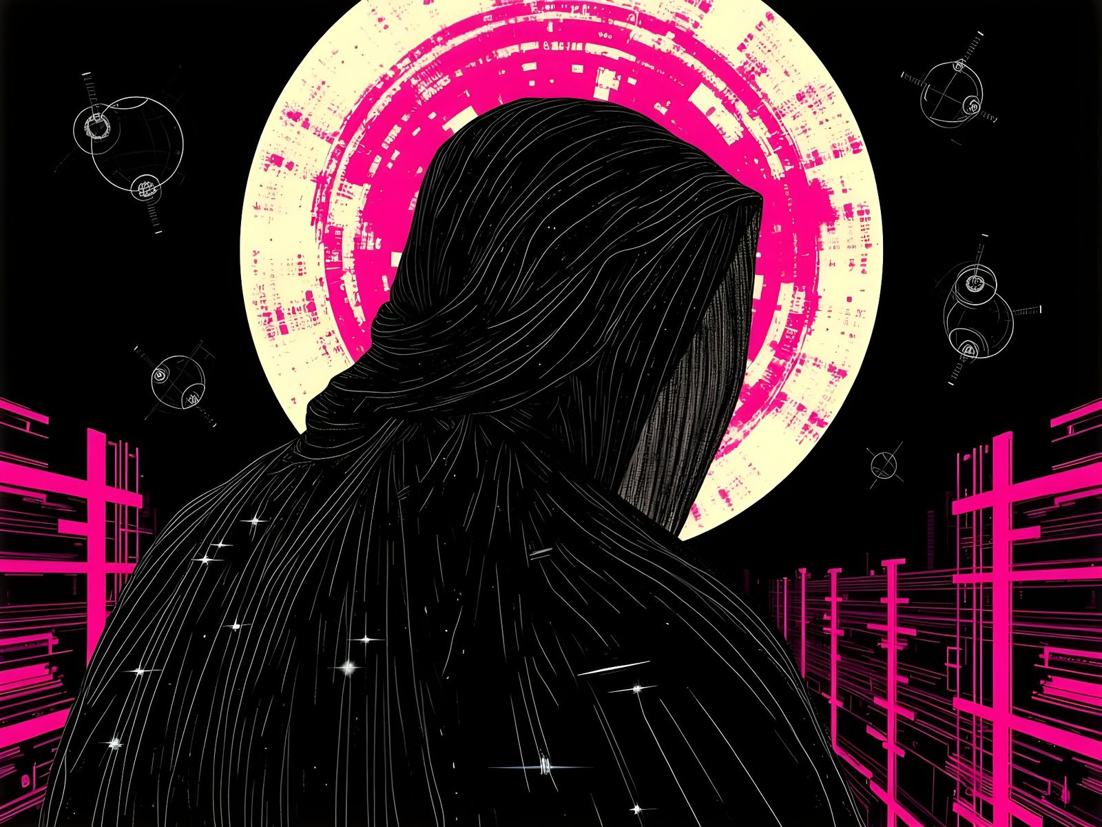 Ominous Reaper in Corrupted Abstract Patterns