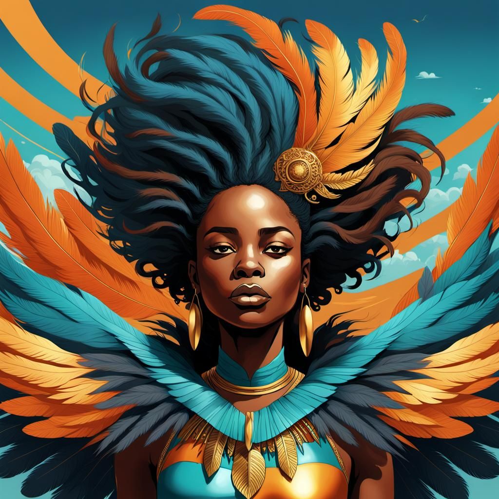 Feather-Haired Woman Reaching for Moonlit Mountains