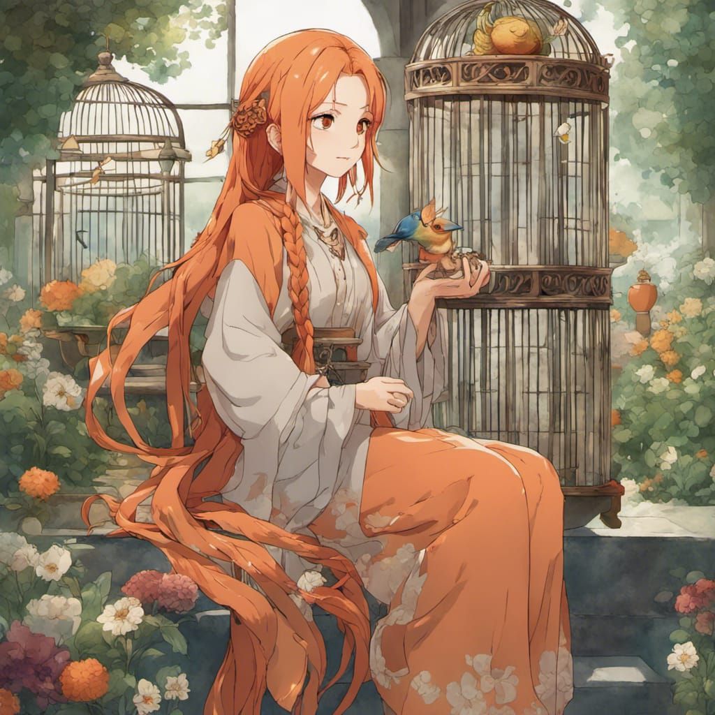 Anime Saint with Braids, Flowers, and Birdcages