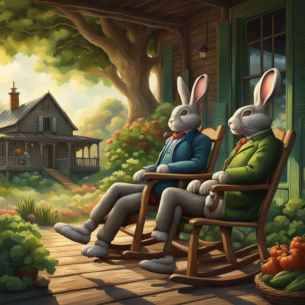 Rabbits Relaxing on Verandah: Hyperrealistic Concept Art