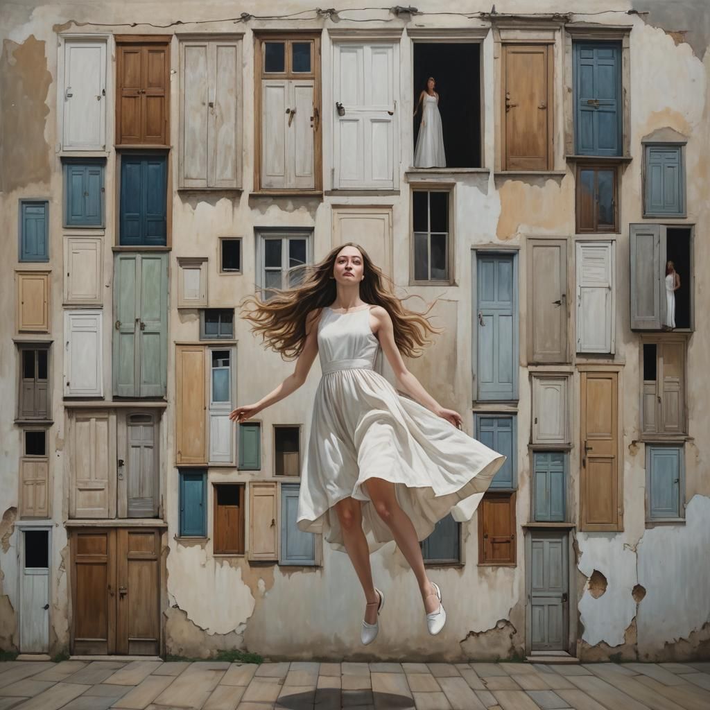 Girl Floats Before Surreal Wall of Doors