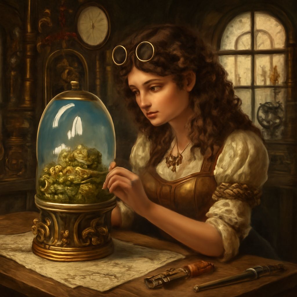 Steampunk Inventor Creating Biosphere in Workshop