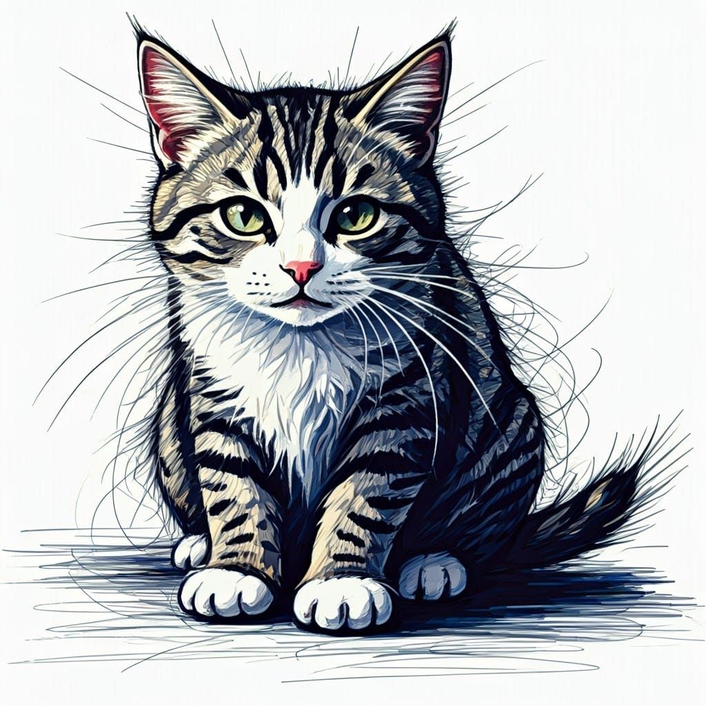 Scribbled Cat Sketch in Mixed Media