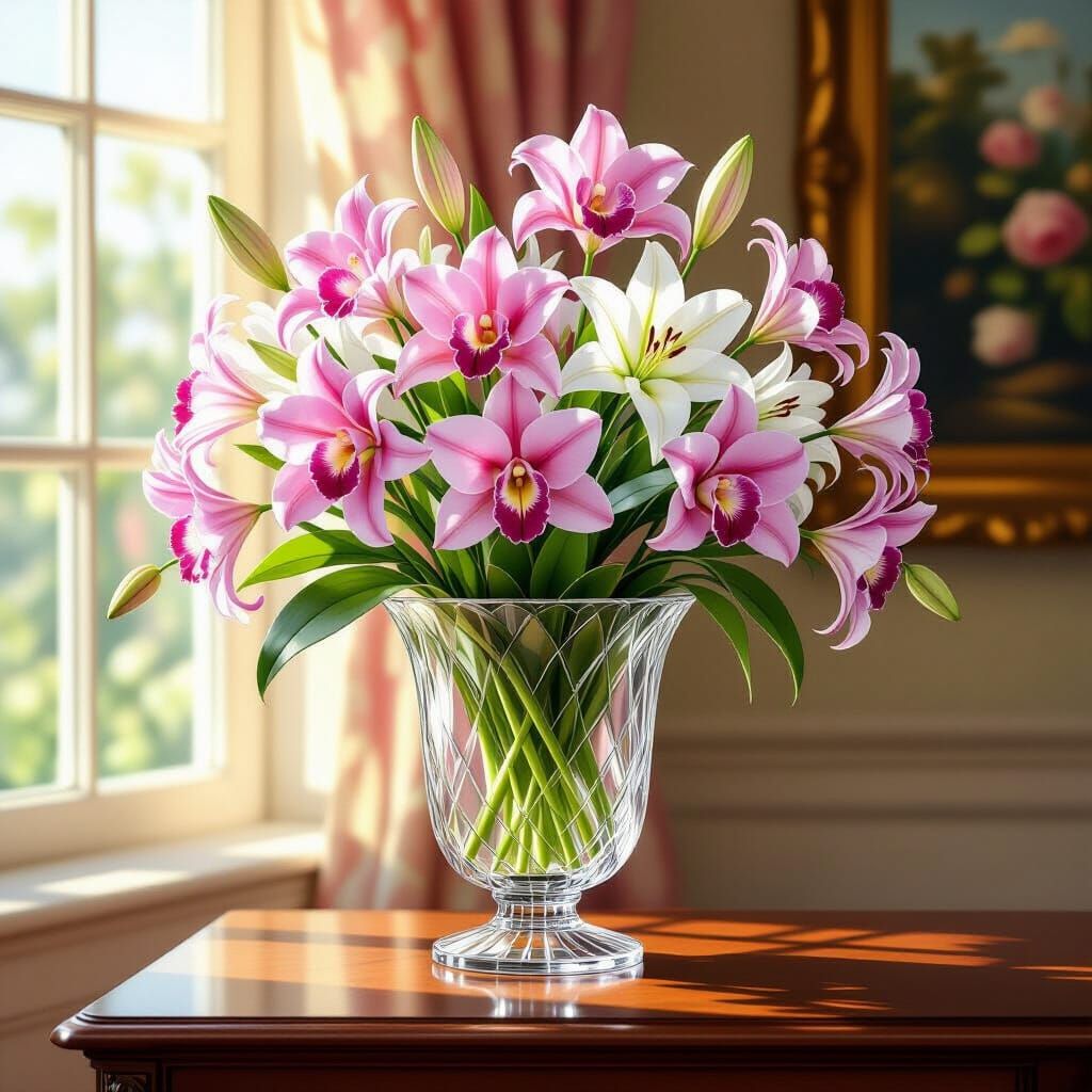 Ornate Crystal Vase with Orchids and Lilies