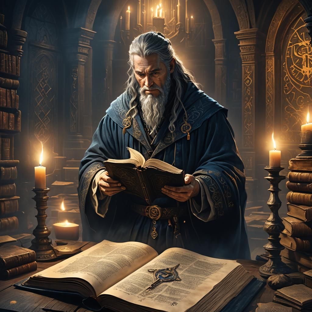 Scholar Reading Grimoire in Dark Fantasy Style
