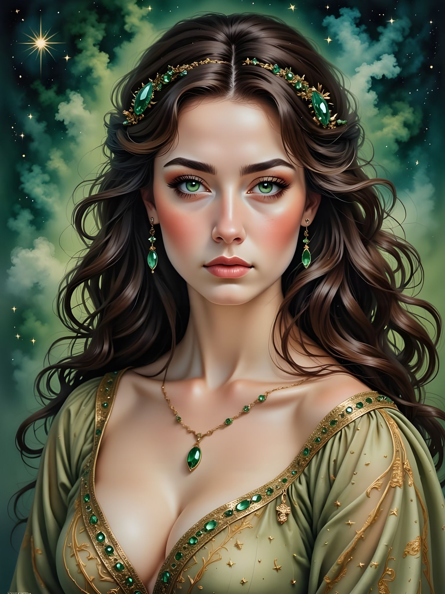 Norse Goddess of Ploughing in Emerald Adorned Watercolor Por...