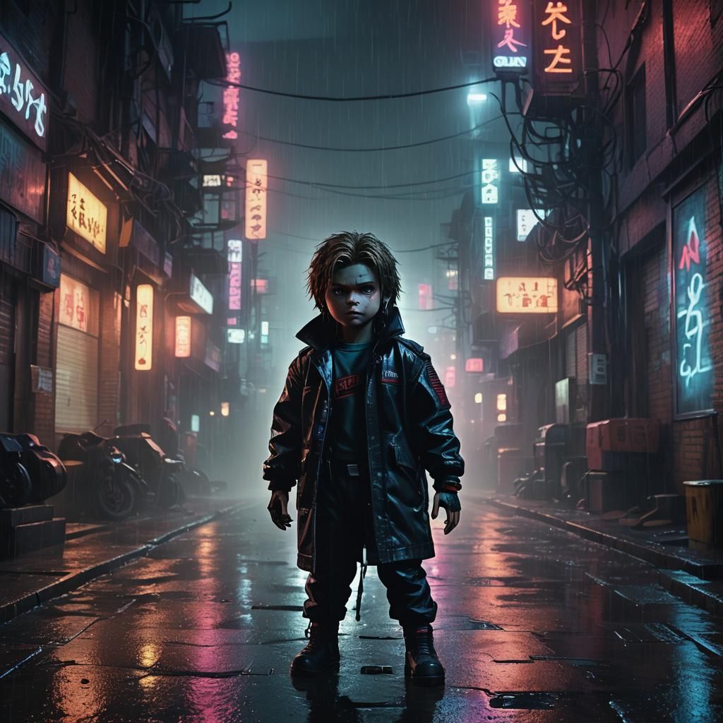 Chucky in Cyberpunk Neon Noir Alleyway