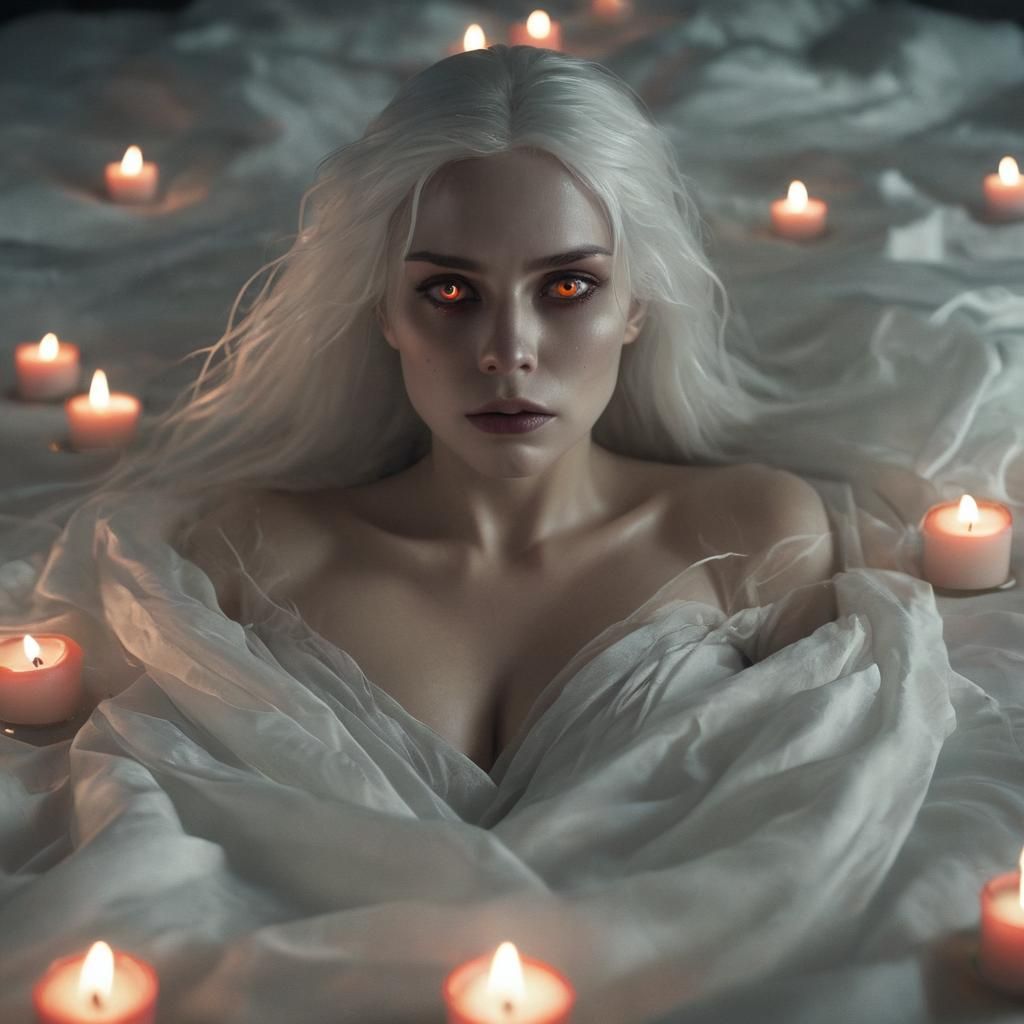 Eerie Woman with Glowing Eyes in Dark Surrealism