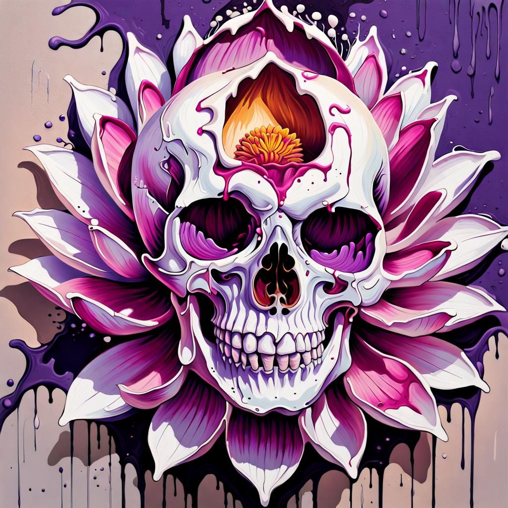 Skull and Lotus Impasto Graffiti Art
