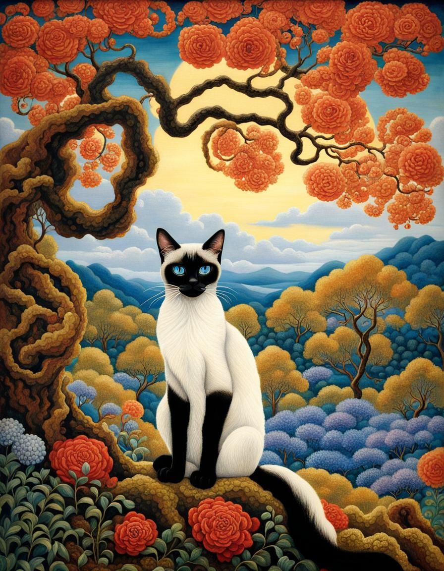 Siamese Cat Portrait in Dreamlike Landscape