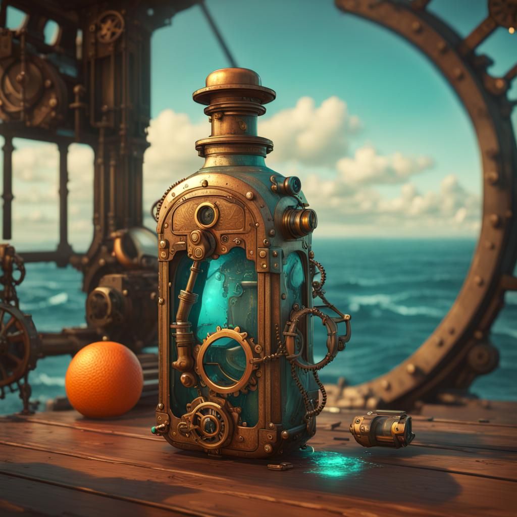 Steampunk Bottle at Sea: Hyperdetailed Concept Art
