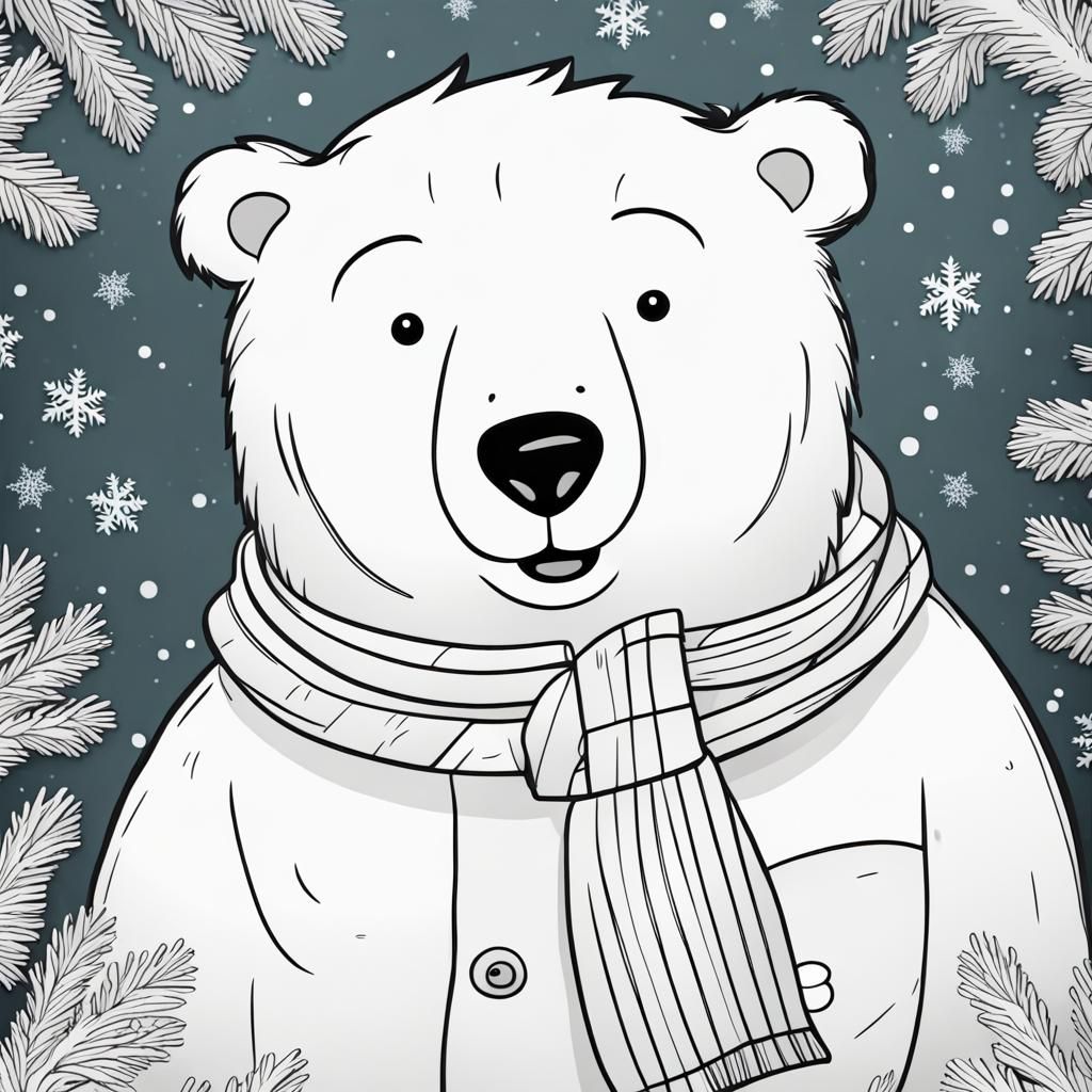 Christmas Polar Bear Simple Line Art Illustration