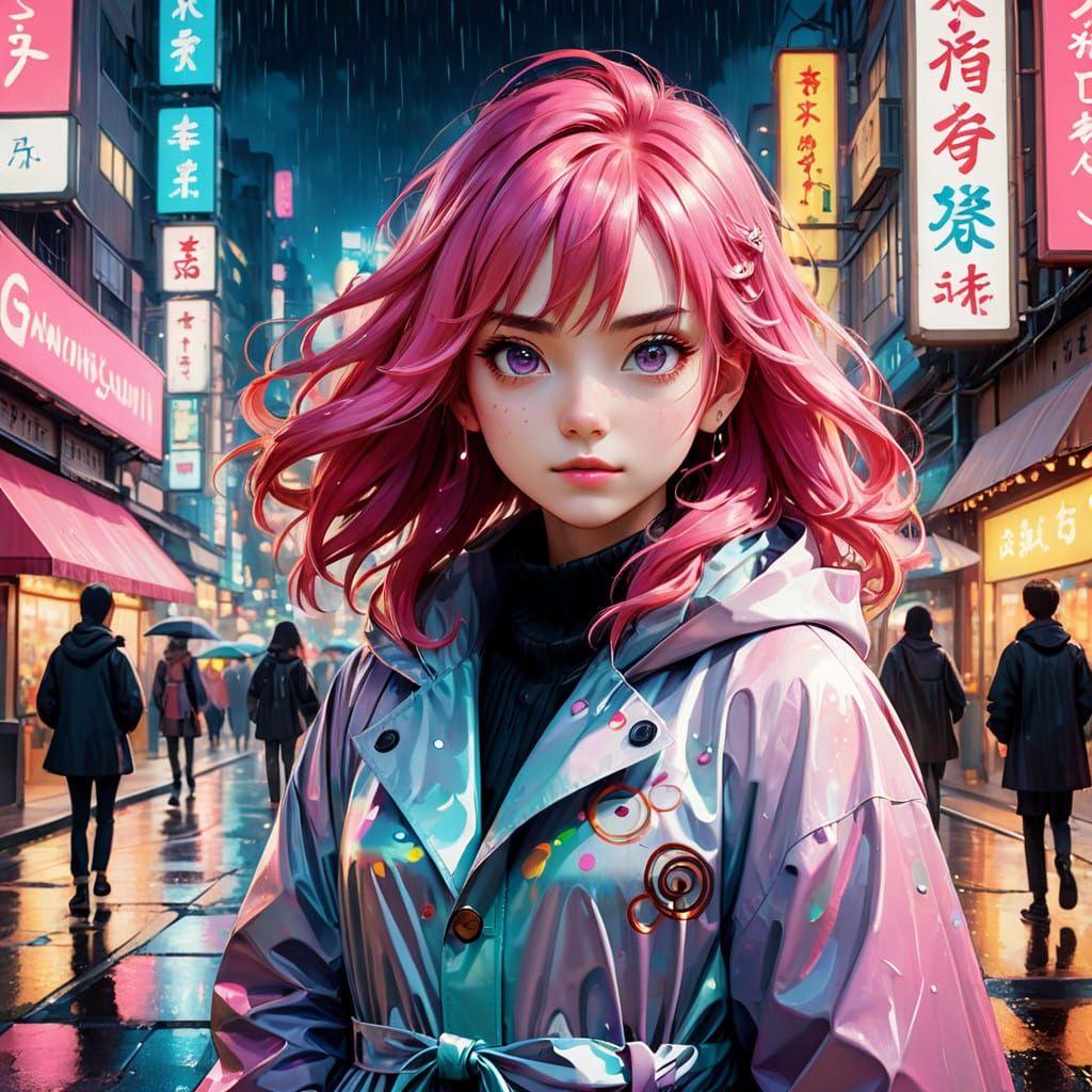 Stunning Woman in Pastel Raincoat Captured in Neon-Lit Citys...
