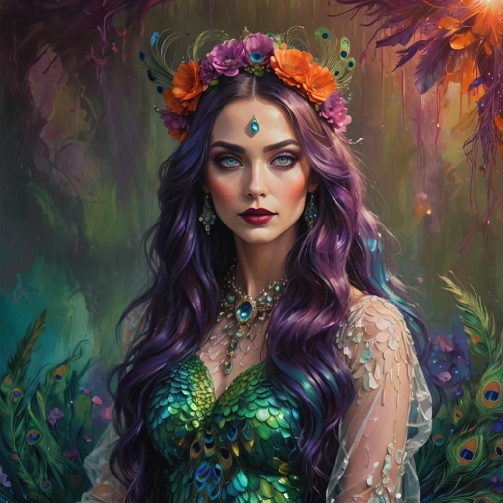 Surreal Woman with Peacock Feathers in Dreamlike Style