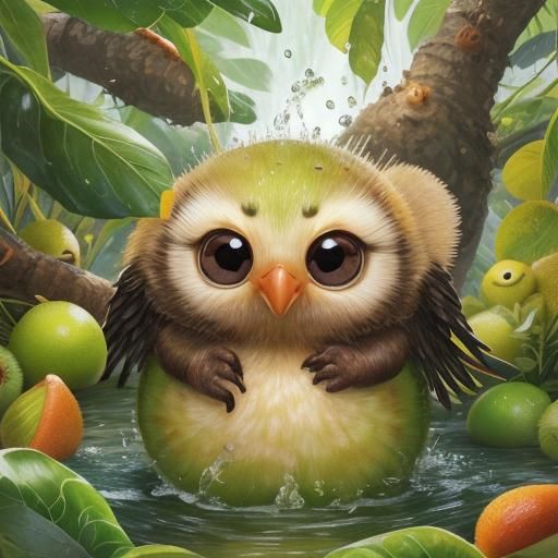 Kiwi Bird on Kiwi Fruit Splash: Photorealistic Fantasy Art