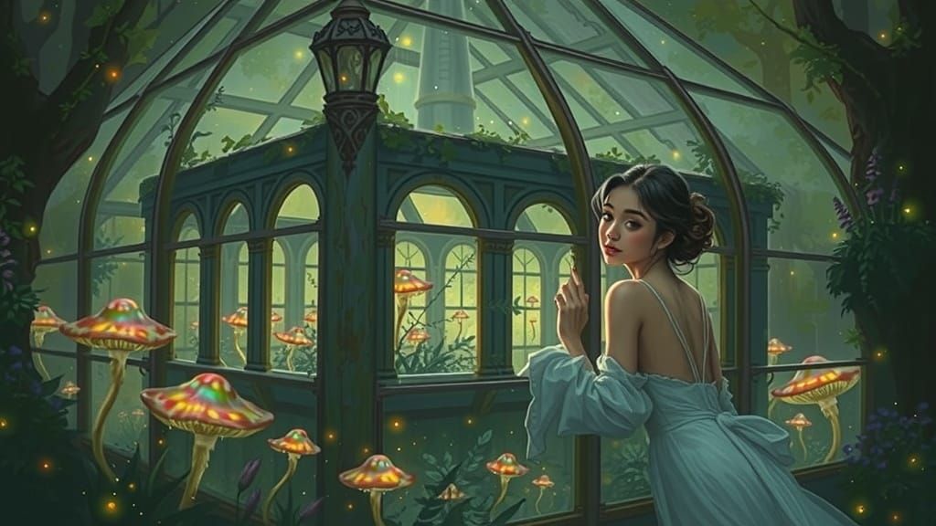 Magical Greenhouse with Woman and Glowing Mushrooms